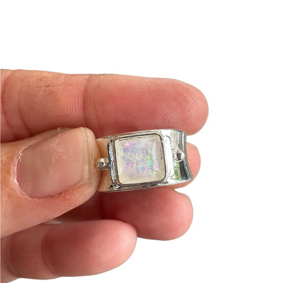 Boho Silver Geometric Ring with Moonstone Center - Picture 6 of 8